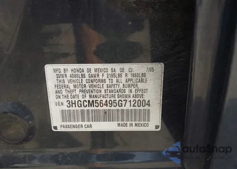 2005 Honda Accord 2.4 Lx из США, поврежденный, VIN 3HGCM56495G712004